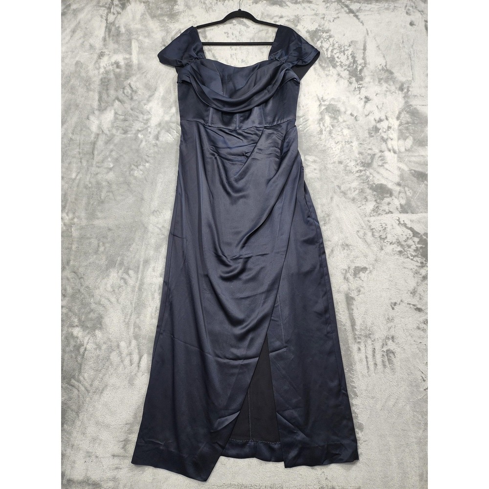NEW City Chic Dress Women XS/14 Blue Maxi Forbidden Love Off Shoulder Satin Gown